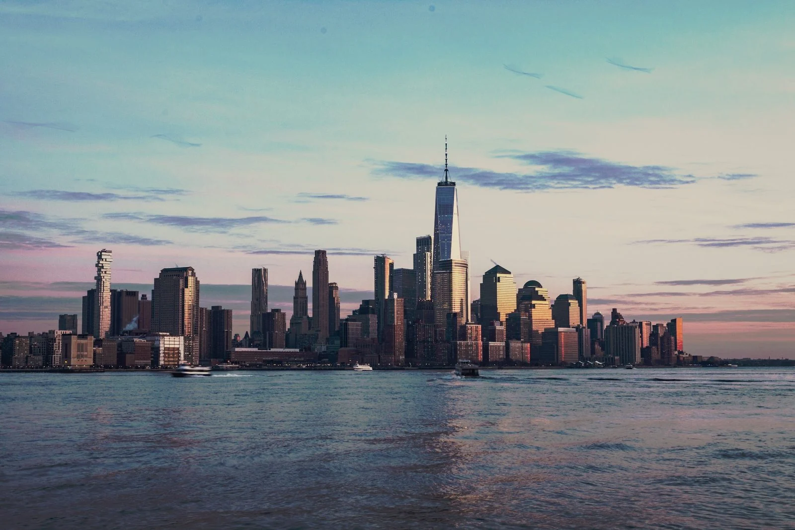 A city skyline at dusk.